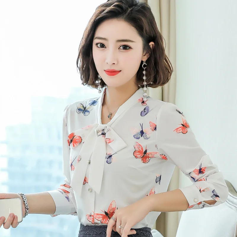 Primavera verão borboleta impressão gráfica blusas elegantes coreano bandagem arco senhoras elegantes feminino ol doce escritório camisas 2022