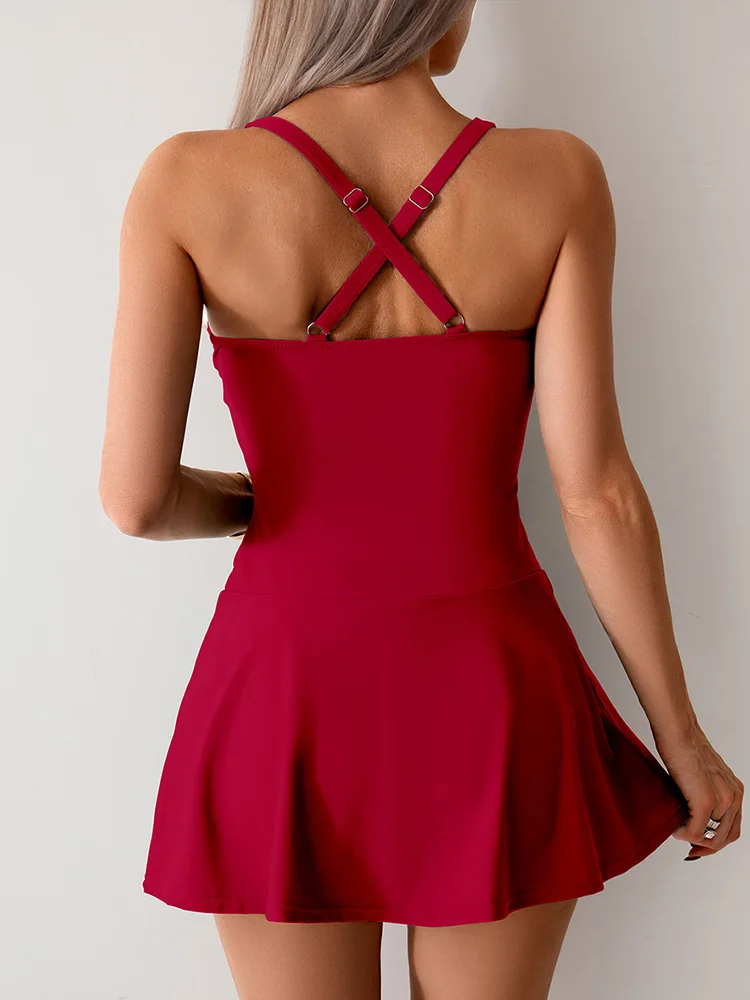Fashion Sexy Solid Pleated One Piece Swimsuit Women Backless Beach Mini Dress 2026 New Summer Swimwear One Piece Swimsuit