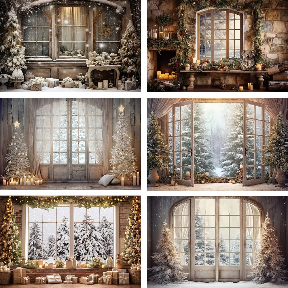 Mehofond Christmas Decor Backdrop Tree Window Door Snow Indoor Kids Portrait Photography Background Photo Studio Photobooth Prop