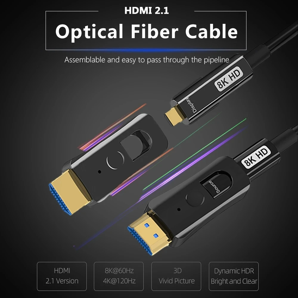 Detachable Fiber Optic HDMI-compatible Cable HD 2.1, 48Gpbs, 8K@60Hz, 4K@120Hz with Dual Micro HD and Standard HD Connectors Hot