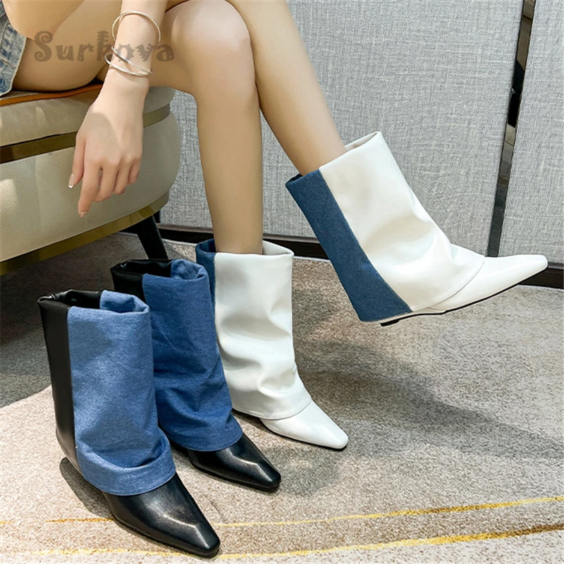 

Denim Patchwork Trouser Shorts Boots Sexy Women's Chunky Heel Slim Mid-Calf Shoes Fashion Pointed Toe Mixed Colors Western Boots