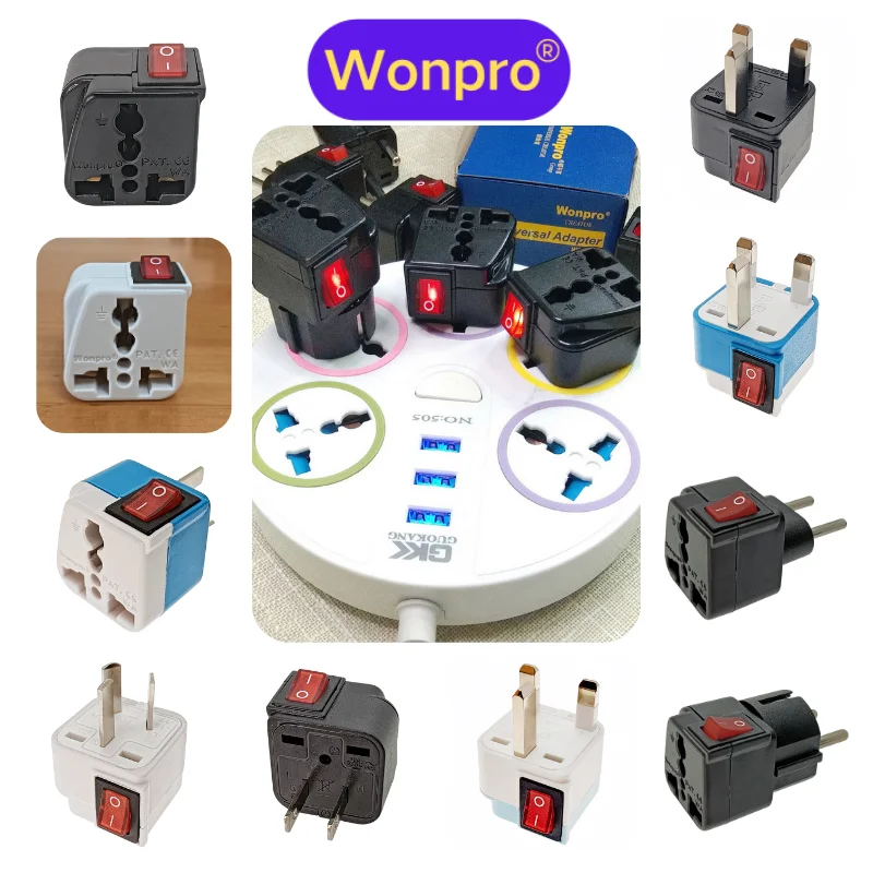 Wonpro Universal Travel Adapter For US UK AU EU Schuko China Power Plug Converter AC250V 10A-16A With On/Off Main LED Switch