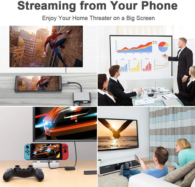 4-في-1 محول usb نوع-c ، hdmi ، vga ، usb ، av رقمي ، متعدد المنافذ ، صامولة من 3 إلى 4k ، ma p ، منفذ شحن سريع لجهاز macbook