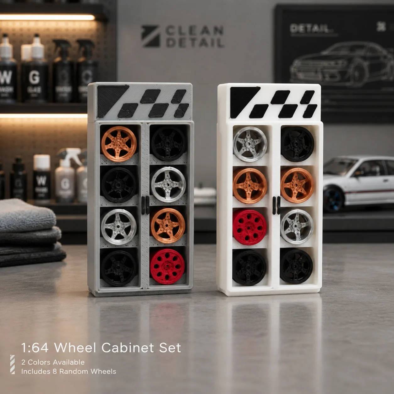 1:64 Scale Wheel Cabinet Set with 8 Random Wheels, Mini Diecast Car Rim Storage Display Rack, Garage Diorama Accessory