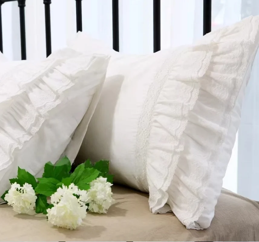 2PCs Luxury Heavy Craft Handmade Pillow Cover Pillow Case Cake Lace Ruffle Satin Cotton Pillowcases Wedding Bedding Pillow