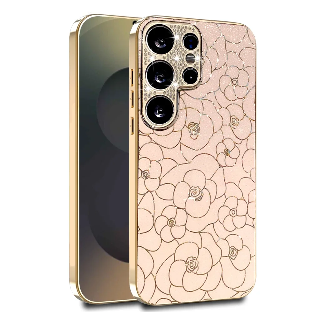 Luxury Glitter Flower Rose Pattern Phone Case for Samsung Galaxy S26 S25 S24 Ultra S23 Plus S24 FE Plating Diamond Cover Coque