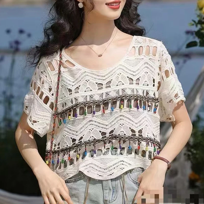 Boring Honey Summer Bohemian Fashion T-Shirt Women Hollow-Out Knitted Short Sleeves Top Women All-Match Sense Of Design T-Shirts