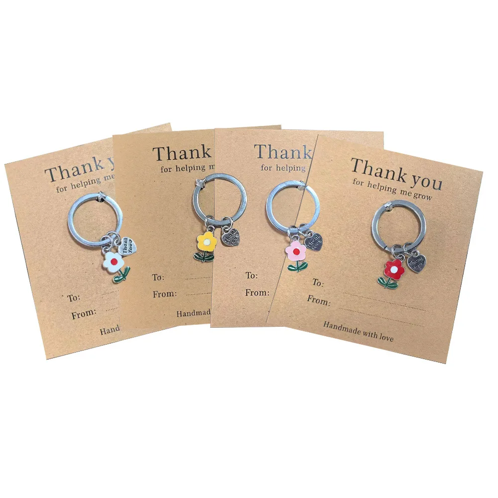 New Heart Shape Thanks Keychain Flower Apple Alloy Car Key Chain Engraved Thank You Key Ring Helping Me Grow