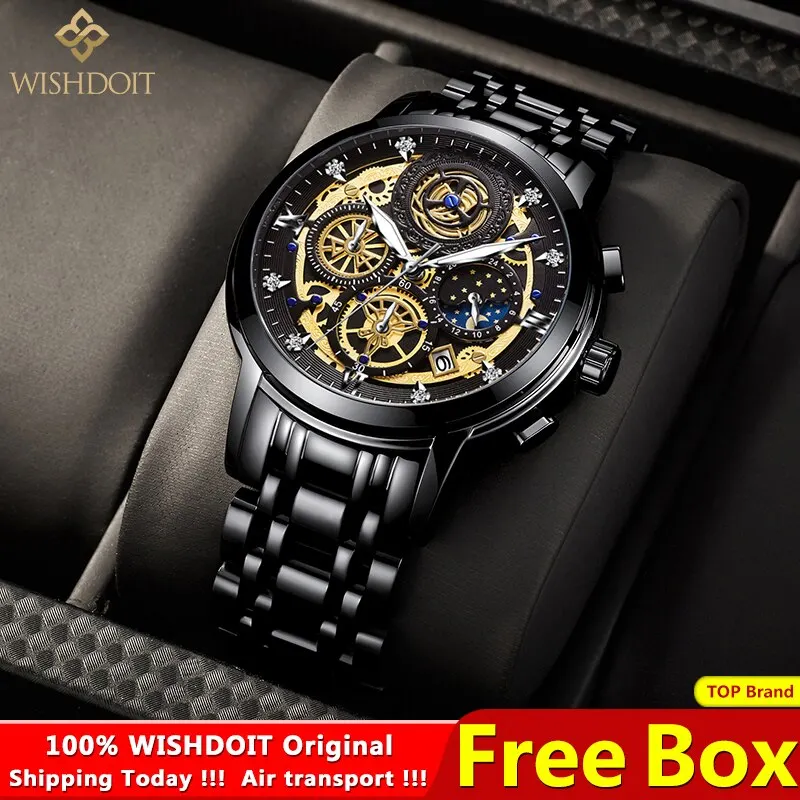 WISHDOIT Original Watch for Men's Waterproof Stainless Steel Quartz Analog Fashion Business Sun Moon Star Wristwatches Top Brand