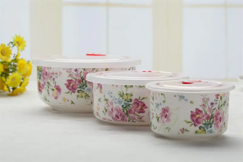 Three-piece Set, Red Flower Designed, Fine Bone China Lunchbox, Termal Lunch Box Japanese Style, Porcelain Food for Kids