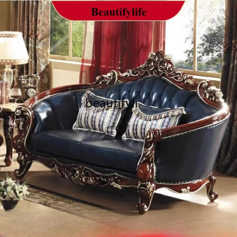 

G1218 European Style Genuine Leather Sofa Living Room Red Sandalwood Gold-Embossed Oak Solid Wood Carved Top Layer Cowhide Sofa