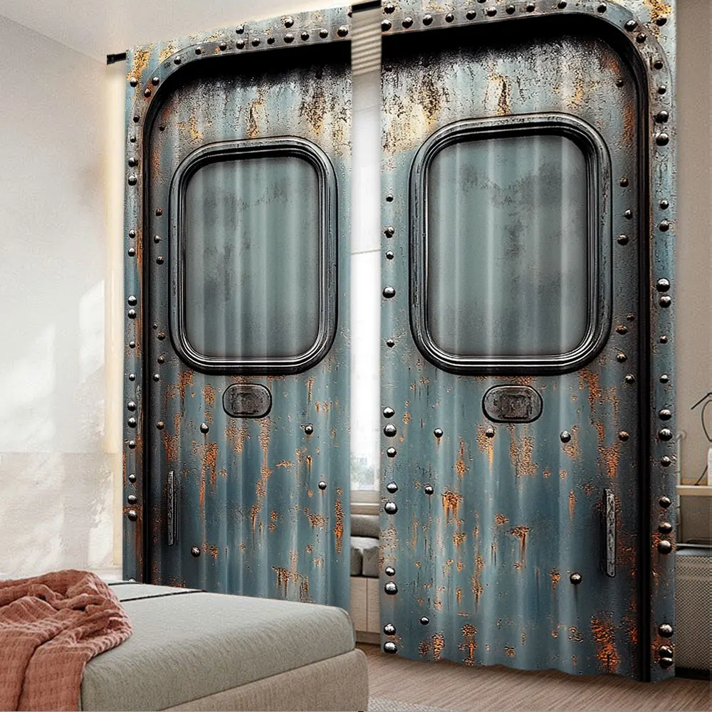 

2Pcs Industrial Curtain Vintage Railway Container Door Old Locomotive Transportation Suitable For Bedroom Bathroom Living Room