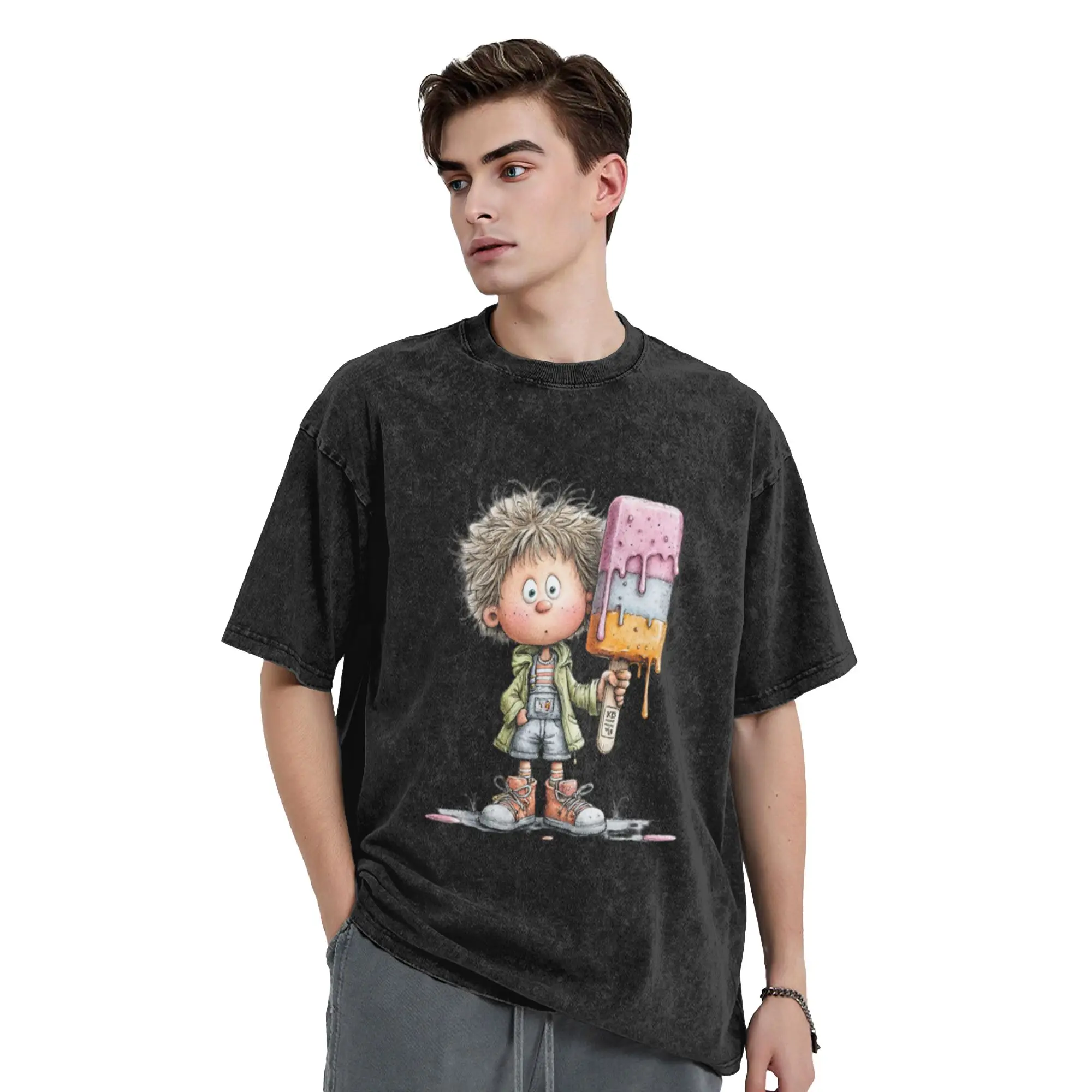 Cute boy eating icecream - whimsical design Classic Chic A Washed T Shirt Men's Women's Oversized Cotton Tees Tops