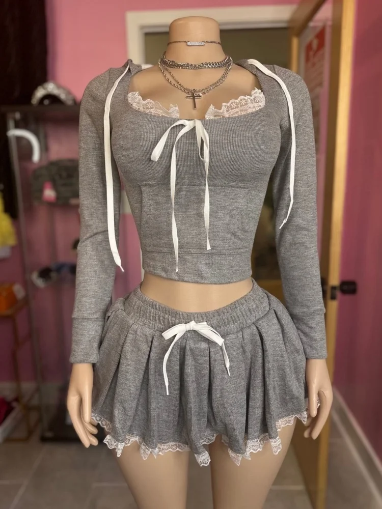 Kliou Kant Patchwork Vrouwen 2 Delige Set Casual Solid Bandage Ronde Hals Volledige Mouw Tops + A-lijn Mini Rokken Vrouwelijke trend Streetwear