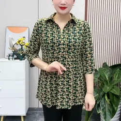 Vintage Printed Waist Loose Shirt 2023 Spring Summer Casual 3/4 Sleeve Women's Clothing Commute Turn-down Collar Button Blouse