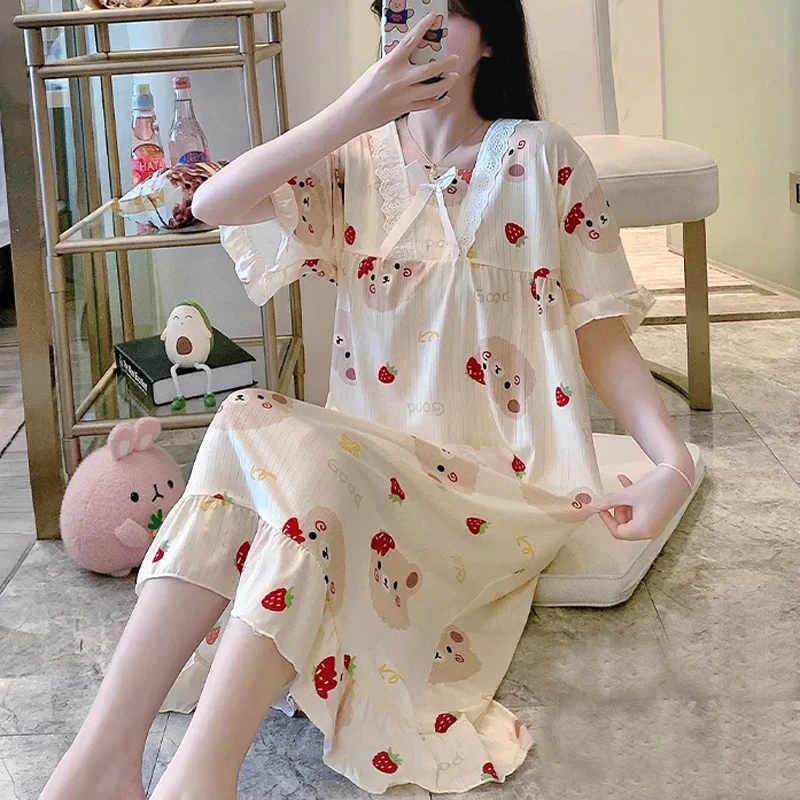 Large Size 6XL 150kg Summer Women Short Sleeve Nightgown Floral Nightgowns Cartoon Dress Home Wear sleep wear