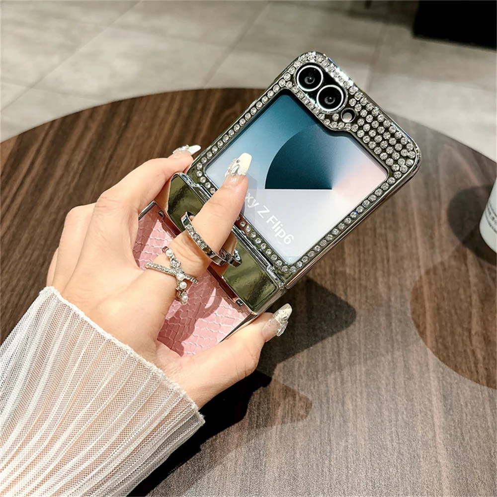 Glitter Diamond Finger Ring Bracket Case for Samsung Galaxy Z Flip 6 5 4 3 Luxury Leather Hinge Cover for Samsung Z Flip 6 5