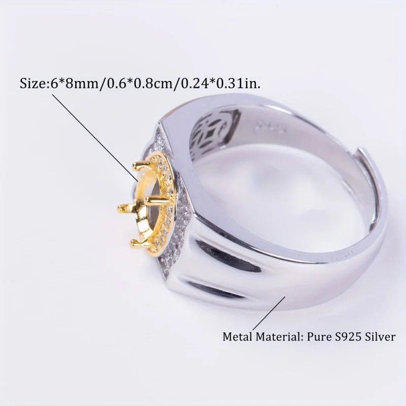 6*8mm minimalist men's ring setting, s925 sterling silver dual-color ring base, closed bottom hollow design,