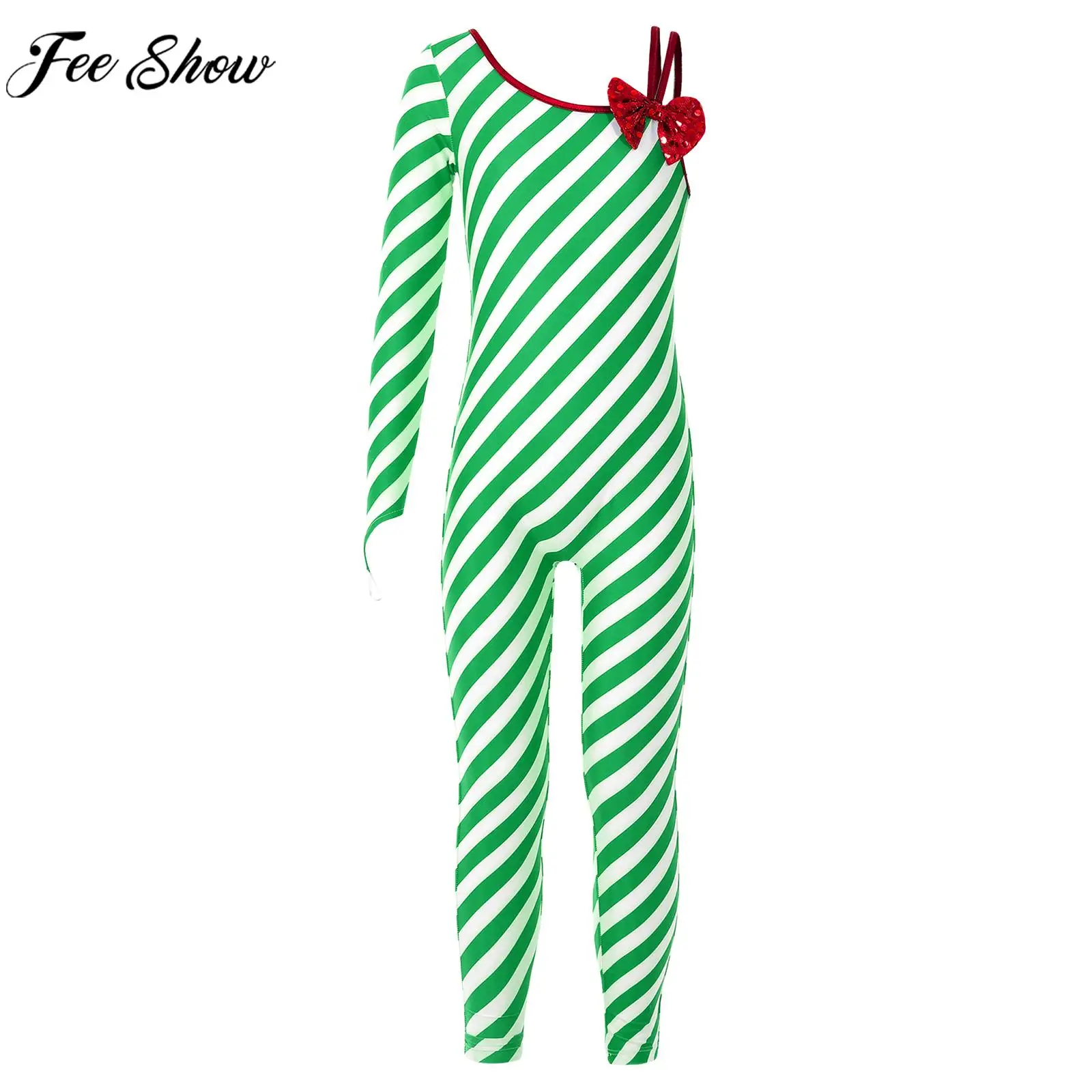 Children Girls Christmas Ballet Dance Skating Gymnastics Yoga Leotard Xmas New Year Bodysuit One Shoulder Candy Cane Jumpsuit