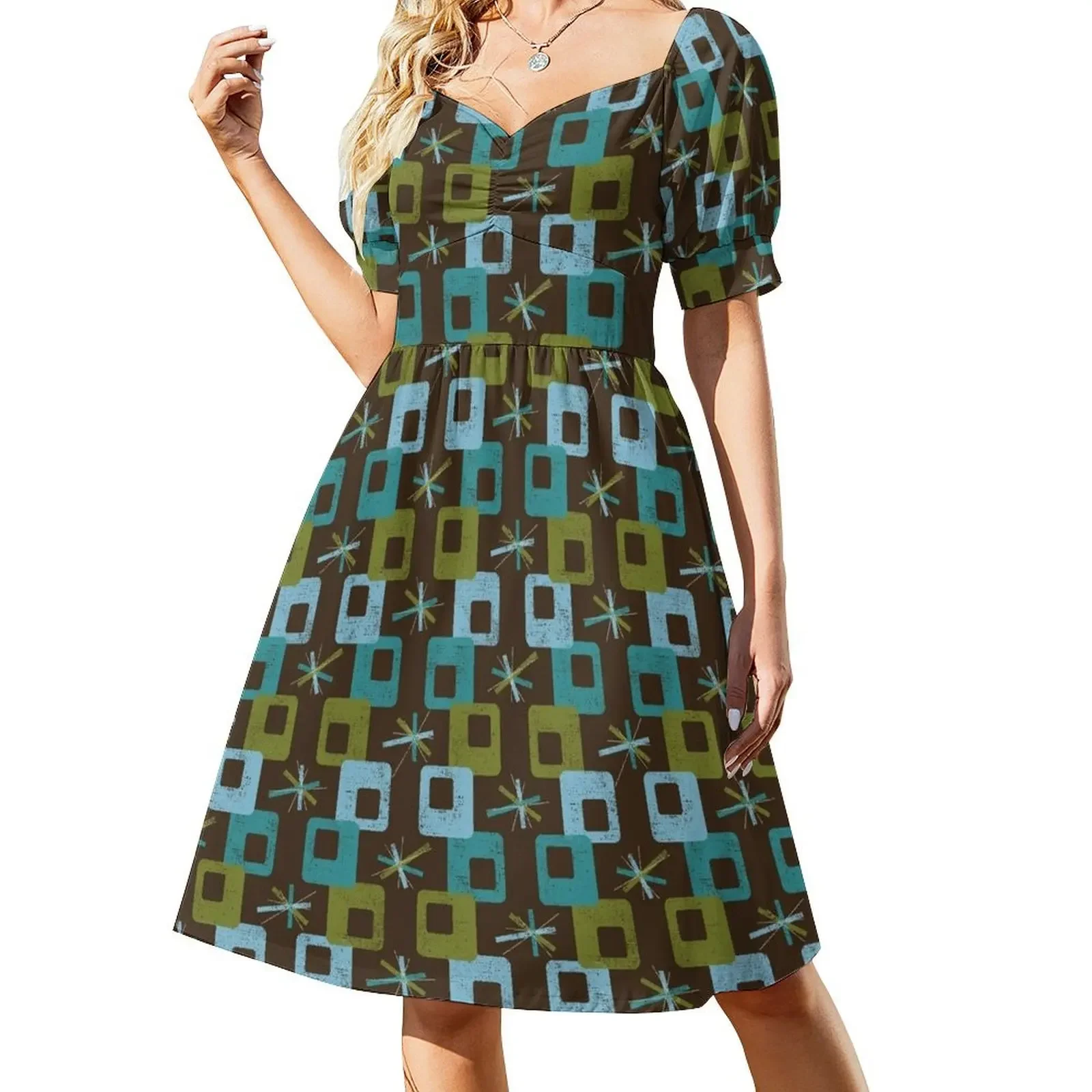 

Mid Century Modern - Teal Geometric Groove Short-Sleeved Dress birthday dresses for women women's evening dresses