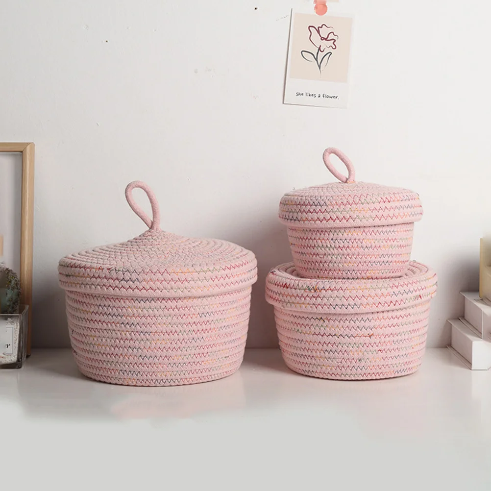 

1Pcs Remote Controller Organizer Box Pink Cotton Rope Woven Storage Basket Lid Desktop Storage Container Sundries Holder