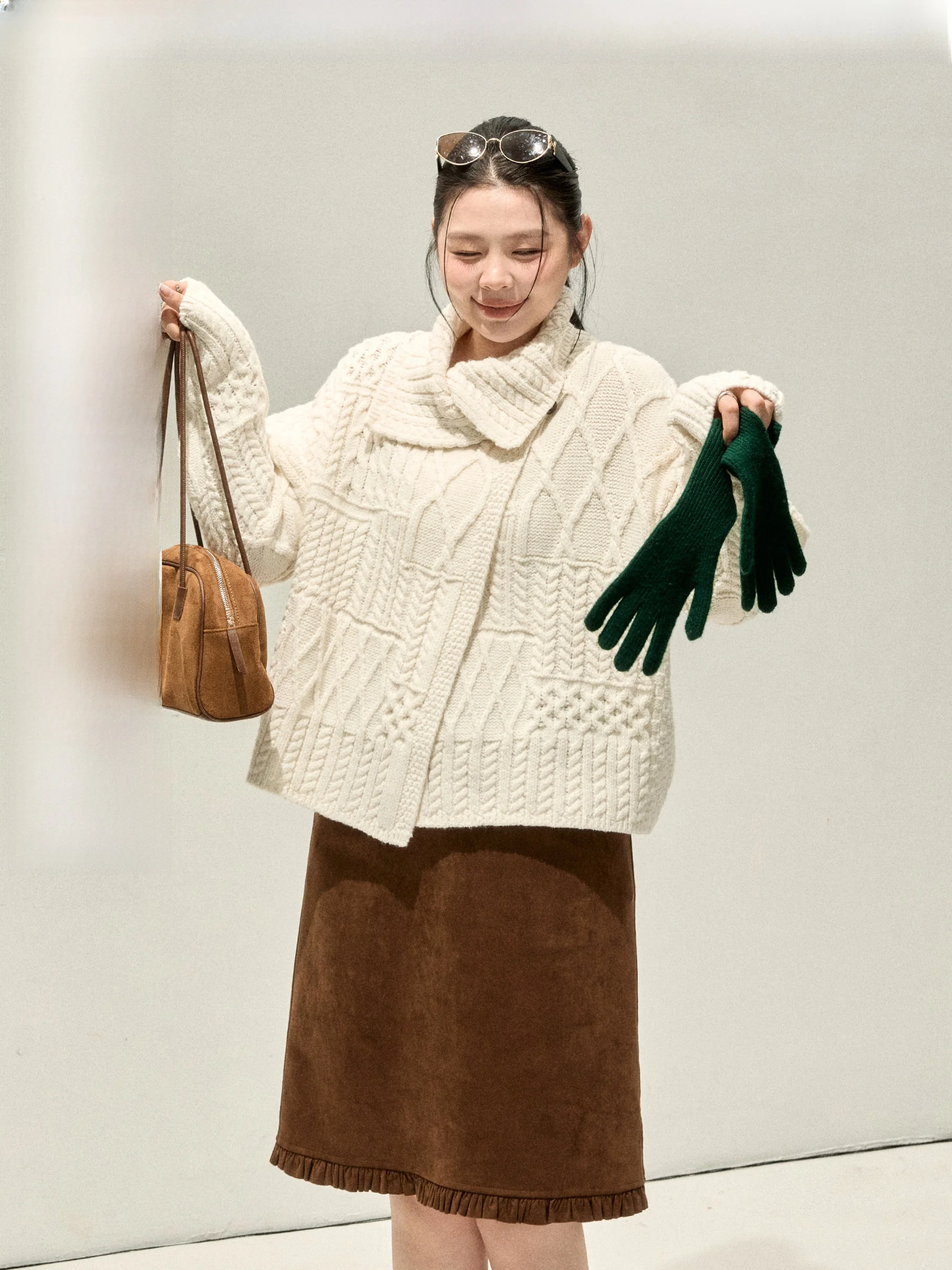 

Jiulu Studio "Amu Collection" Soft Plump MM Stand Collar Sweater Cardigan Suede Midi Skirt plus Size Set Winter Commute Sle