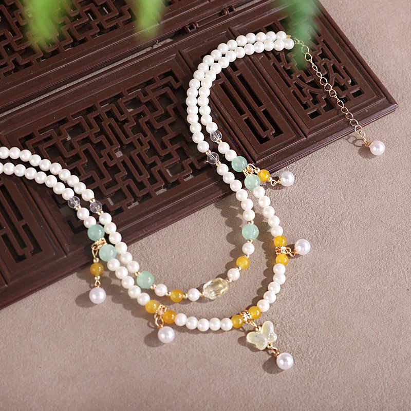 Minimalist Fashion Fresh Guofeng Butterfly Wreaths Collar Yellow And Green Beaded Pearl Hanging Hanfu Necklace Supply Trendy Y2k