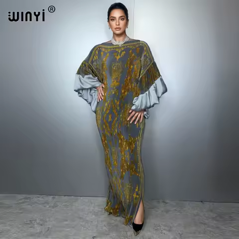 WINYI Pleated Elastic slim dress casual beach cover up muslim woman kaftan abaya dubai luxury long down holiday evening dress