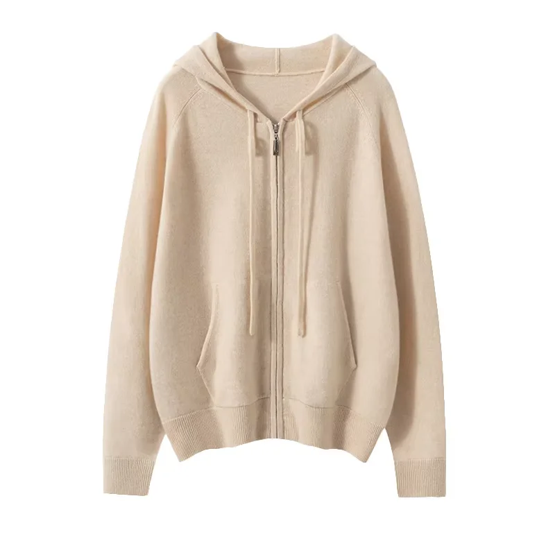 

Женский кардиган из 100% кашемира, свитер с капюшоном, осень-зима, карман на молнии, однотонный мягкий комфортный трикотаж, базовые куртки с длинными рукавами