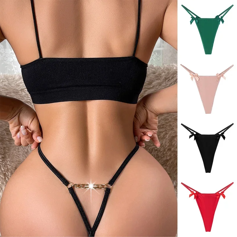 

2024 Sexy Bow Underwear Panties Thong Solid Color Black Thin Strip Lingerie For Women Metal Chain Hollow Out Intimate G-string