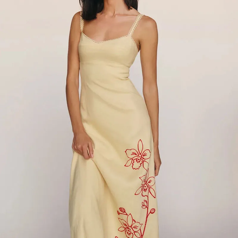 女性ファッションハイトウエストボヘミアンパーティードレスエレガントなフラワープリント休暇ビーチドレスセクシーなノースリーブ背中の開いたスリングロングドレス