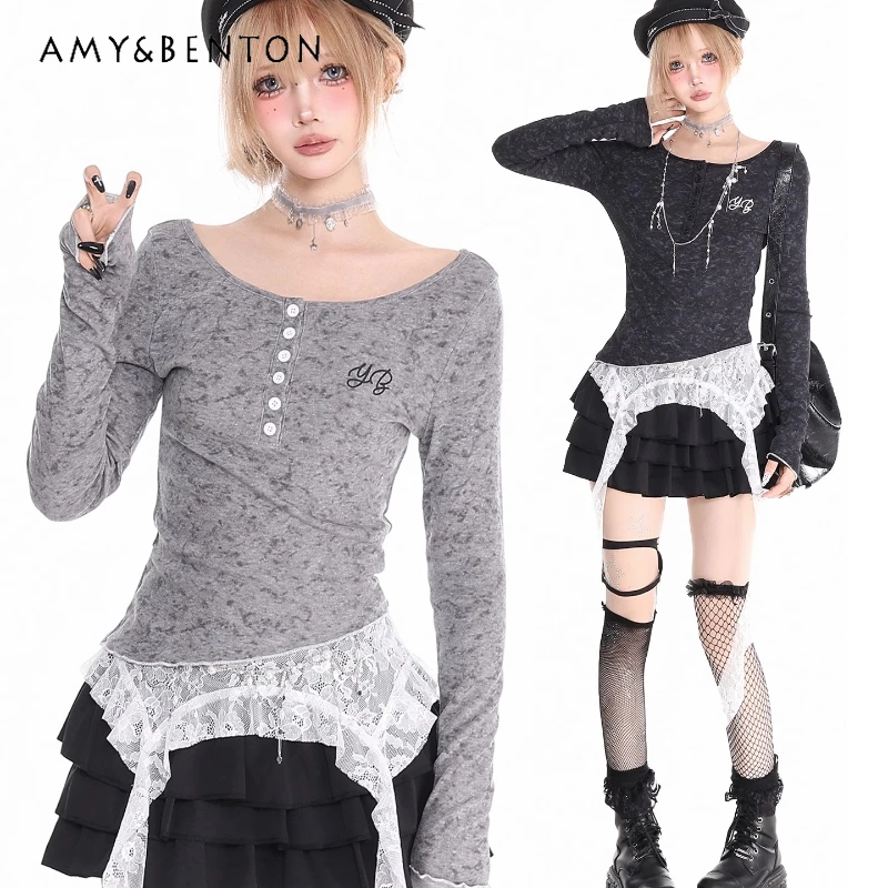 

Original Design Vintage Hot Girl Irregular Long Sleeve Women's T-Shirt 2025 Autumn High-End Base Slimming Versatile Top Ladies