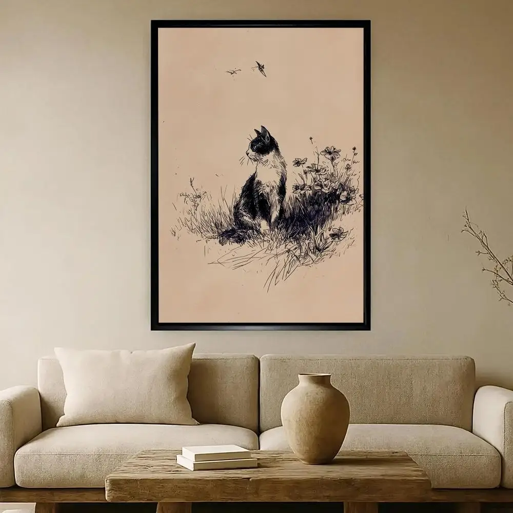 Nocturne Calico Cat HD Wall Art Poster Impressionist Art Glowing Lamp Textured Grey Umber Vintage Home Decor Cat Lover Gift
