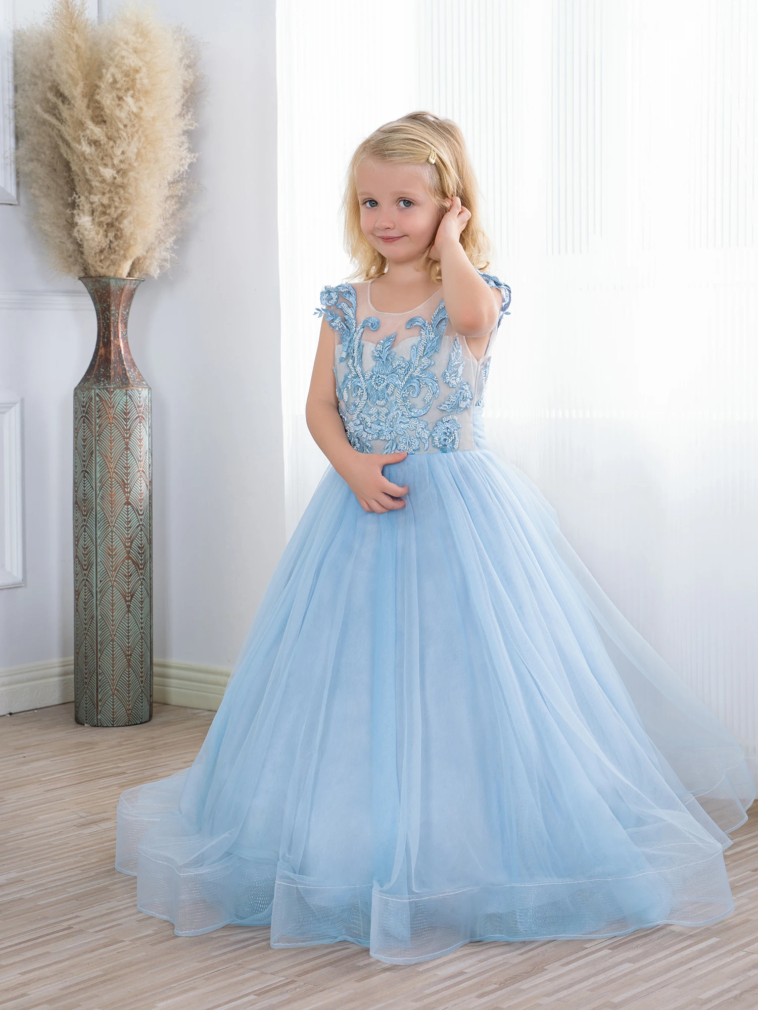 BABYONLINE-vestidos de Hada Azul claro para niña, Apliques de encaje para fiesta de boda, dama de honor, línea A, vestido de princesa, falda de tul