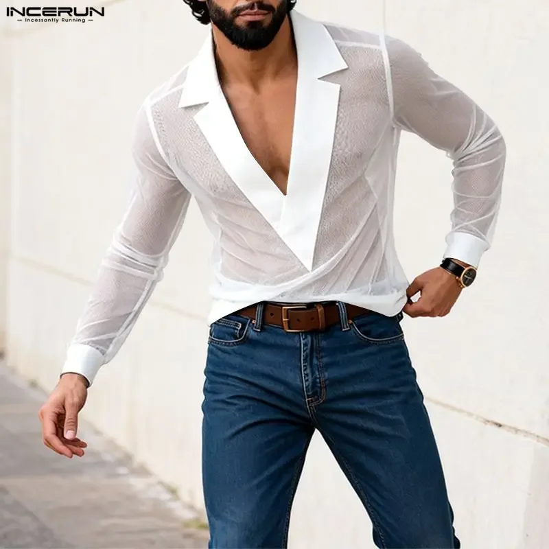 INCERUN Herren T-Shirt Mesh Patchwork Durchsichtig V-Ausschnitt Langarm Herrenbekleidung Streetwear Sexy 2026 Mode Camisetas