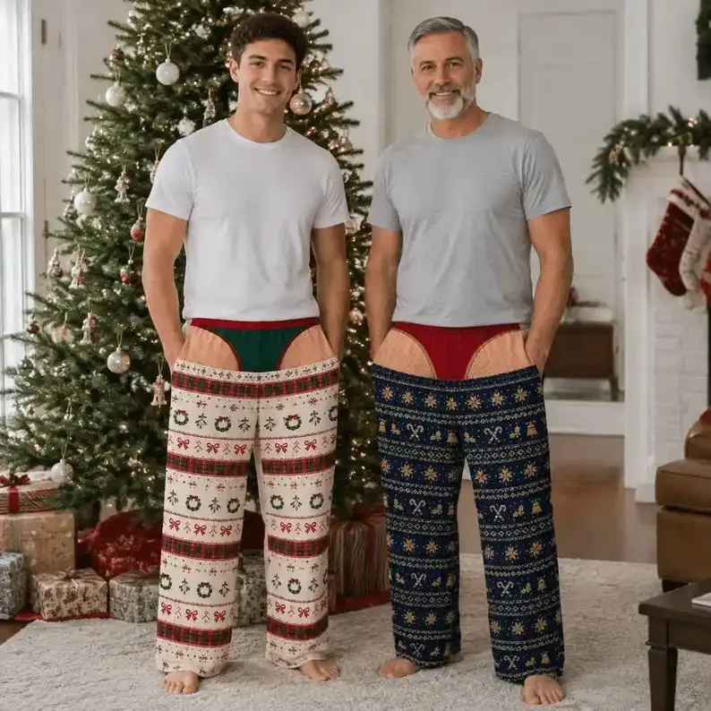 Funny Men Christmas Pajama Pants Fair Isle Snowflake Candy Cane Wreath Print Fake Thong Loose Trousers Xmas Holiday Bachelor