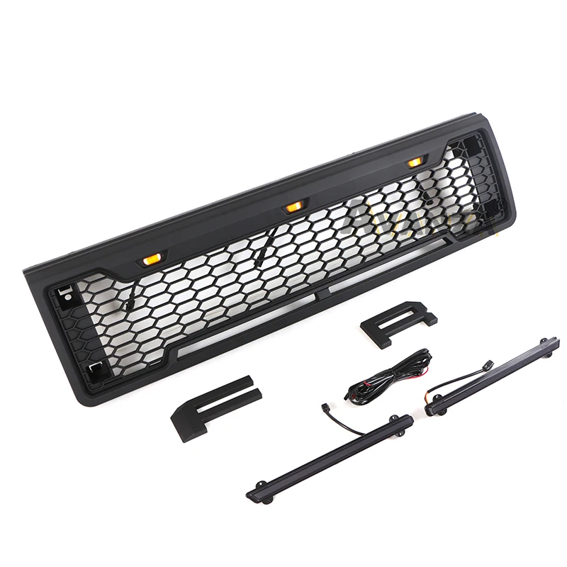 شواية أمامية مع شريط إضاءة يناسب 1987-1991 Ford F150 شبكة سوداء غير لامعة #6