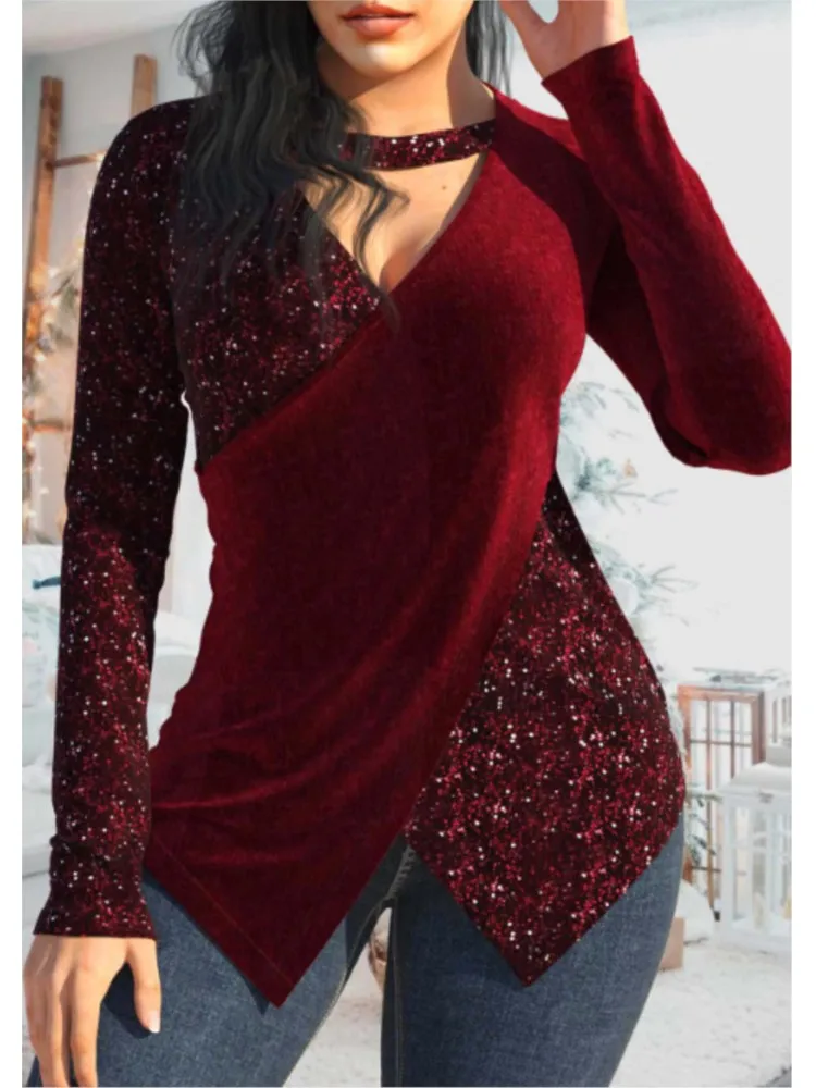 

Spring Autumn New Women's Fashion Sequin Patchwork Sexy V-neck Hanging Neck Casual Comfortable Long Sleeved Irregular Top Shirt