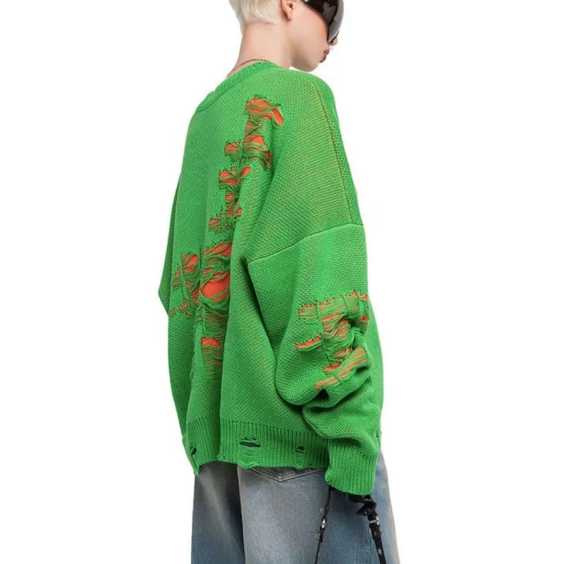 Casual Hollow Out Patchwork Knitted Women's Sweater Oversized O-neck Long Sleeve Basic Jumpers Female 2023 Autumn Streetwear Top