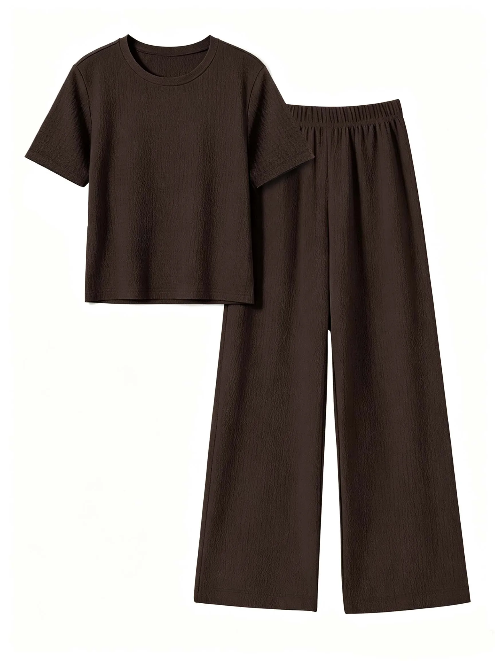 Women's Solid Wavy Textured 2-Piece Set, Crew Neck Short Sleeve T-shirt Paired With Elastic Waist Wide Leg Pants, Soft Daily Cas