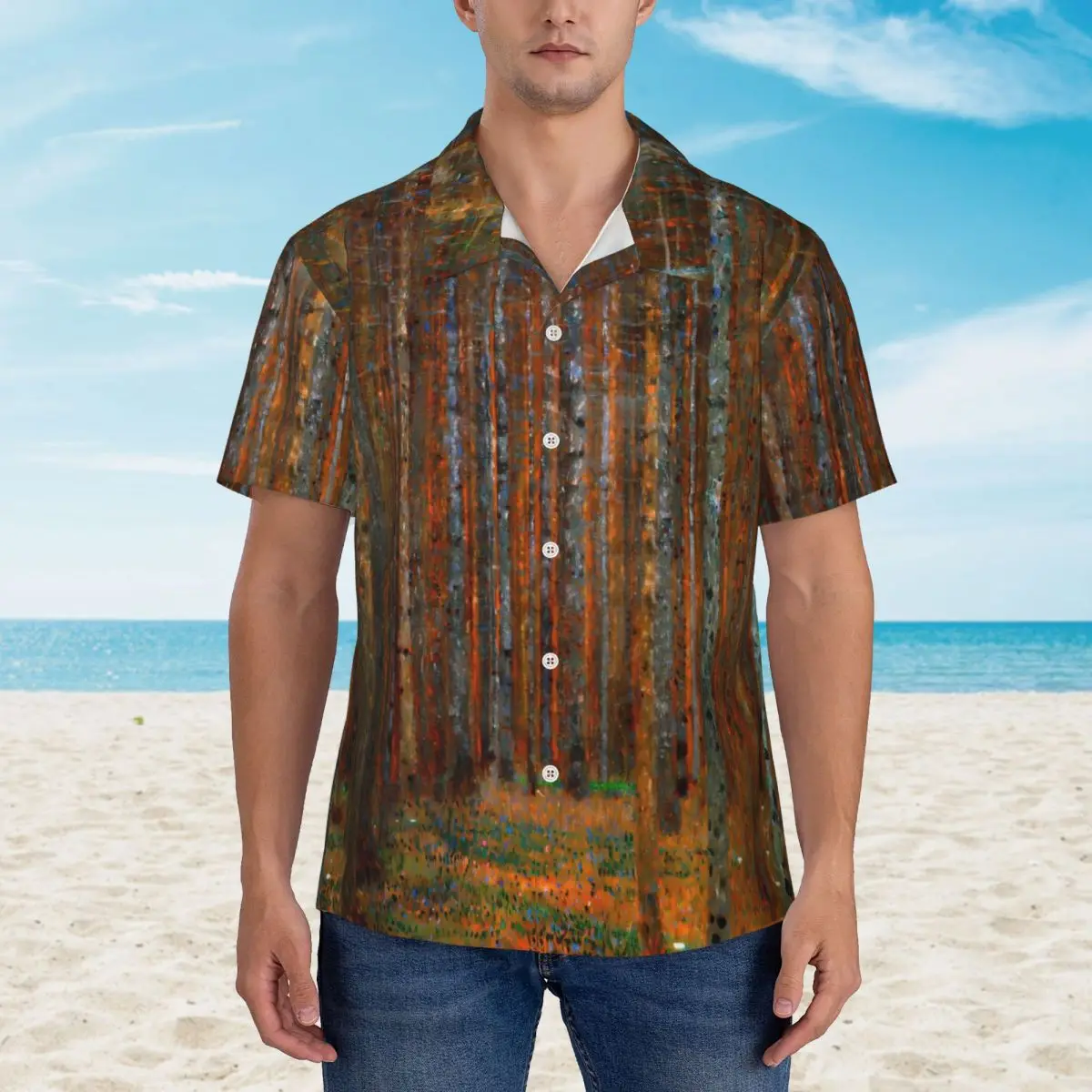 Pine Forest Summer Shirt Men Vacation Gustav Klimt Casual Shirts Short-Sleeve Stylish Graphic Novelty Oversize Blouses