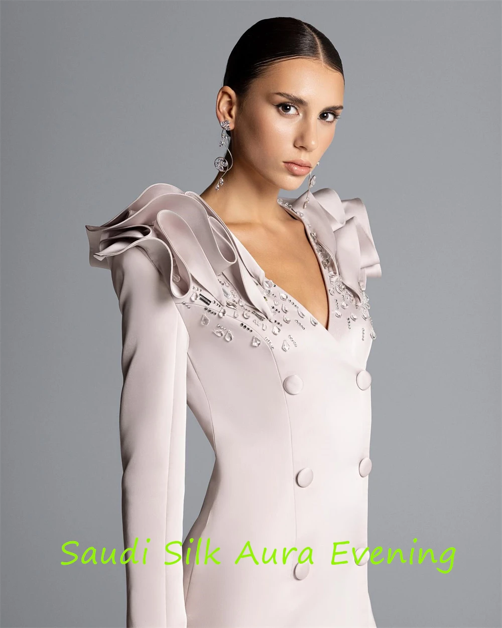 ที่กําหนดเองอารมณ์สีเทา JERSEY ชุดราตรี V คอแขนยาวคนดังชุดคริสตัล Vestido De Festa ปุ่ม