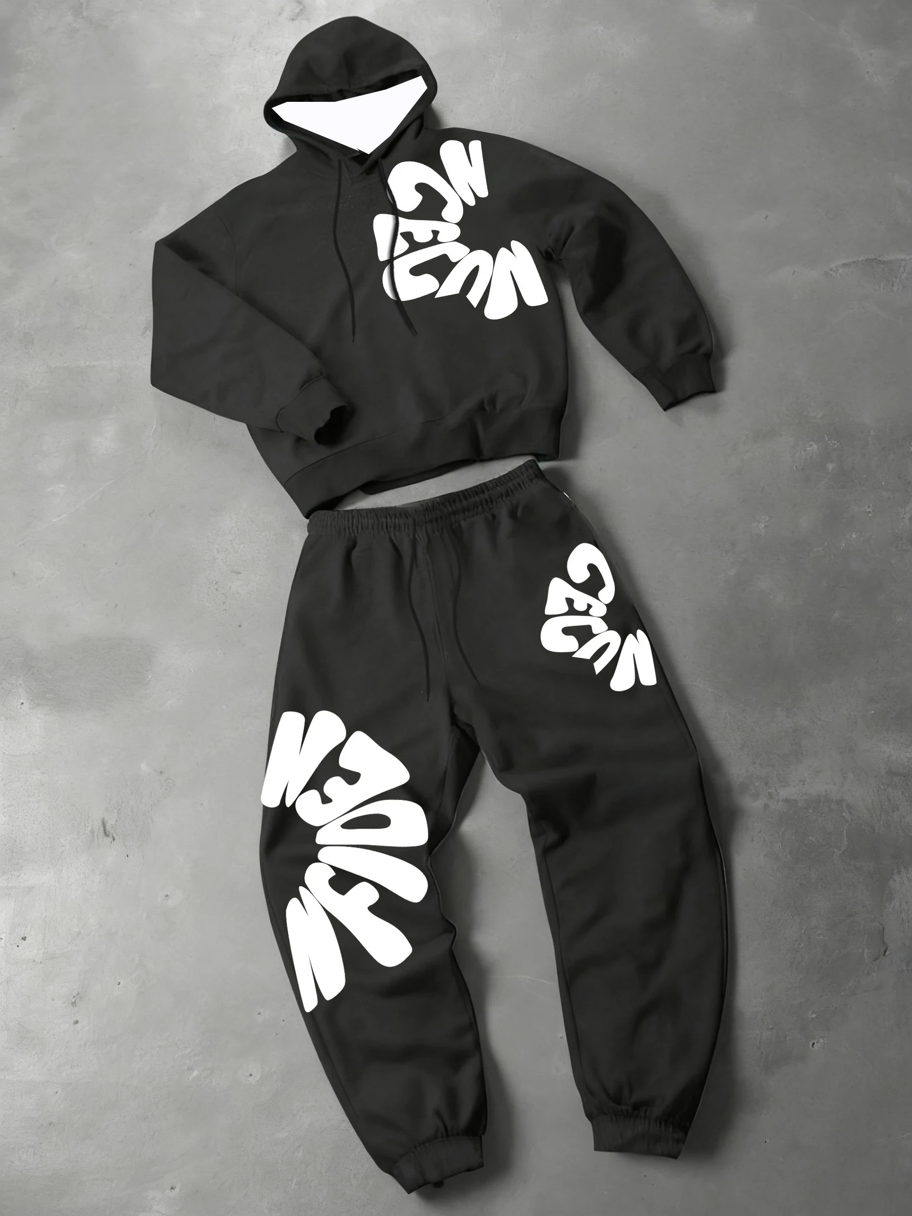 

2025 Autumn/Winter New Black Men's Hoodie Warm Sports Pants Fashion Y2K Casual Loose Hoodie Set 2-piece Set