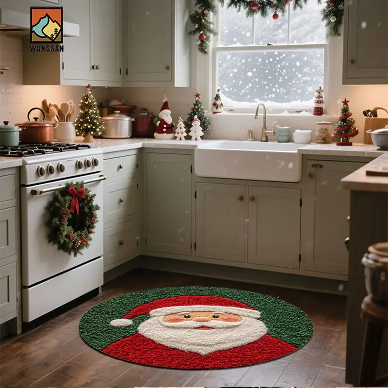 VIKAMA Santa Claus Round Area Rug Christmas Red Green Circle Carpet For Living Room Bedroom Bathroom Xmas Holiday Home Decor