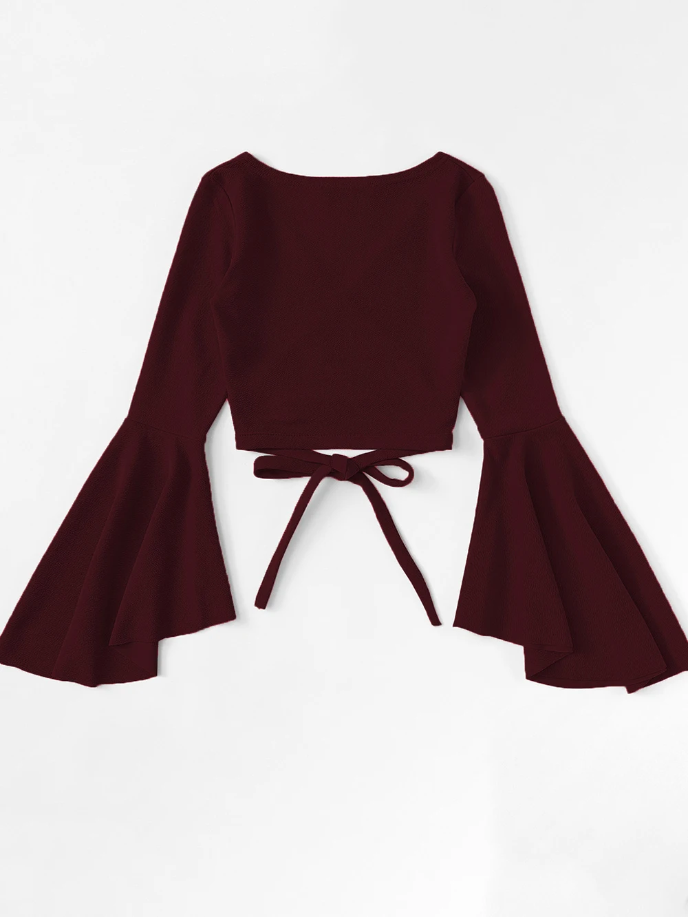 Women's Fashion Cross Design Knitted Sweater V-Neck Placket Autumn Flare Sleeves Wine Red Short Tops Sexy Lace Up Pullover