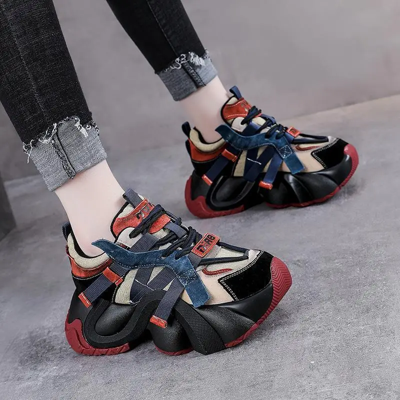 

Casual Sport Shoes Women's Thick Bottom High Top Color Block Leather Slip-On Shoes Anti-Slip round Toe Rubber Outsole
