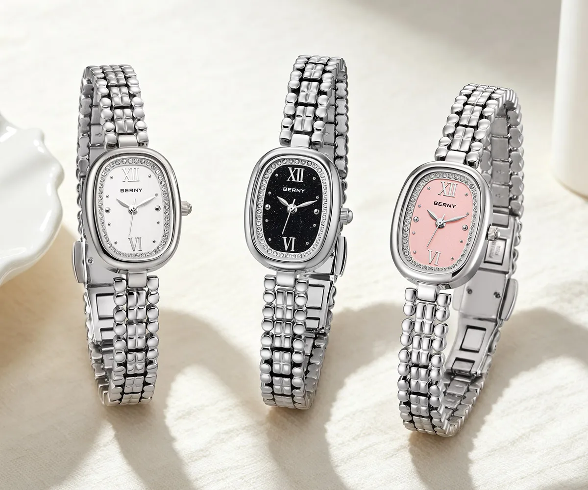 BERNY Uhren für Damen, oval, lässig, elegant, Damen-Quarzuhr, leicht, modisch, für Mädchen, Kleid, Edelstahl-Armbanduhr – Detail 10