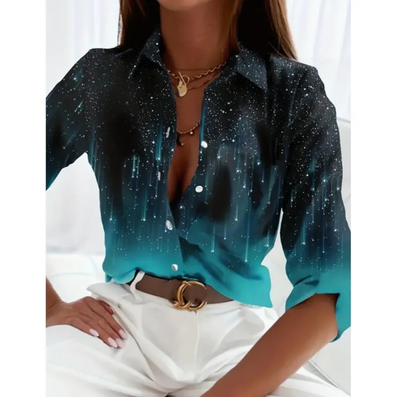 New women's long sleeved lapel shirt with chain print patterns button up shirt elegant fashionable and comfortable top for women