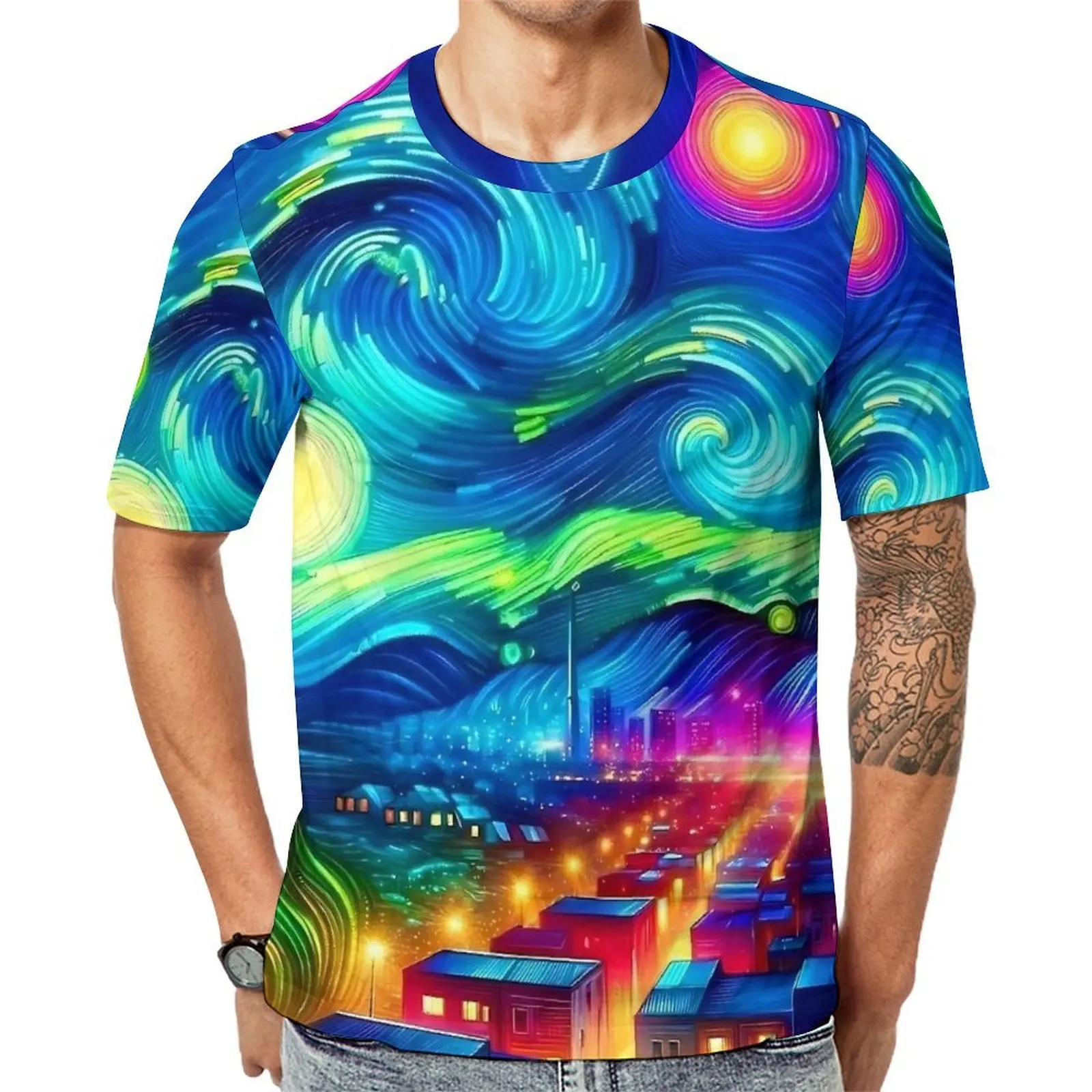 Oversized T-Shirt Summer Colorful Starry Night Print T Shirts  Y2K Casual Crewneck Tshirt Couple Vintage Pattern Top Tees