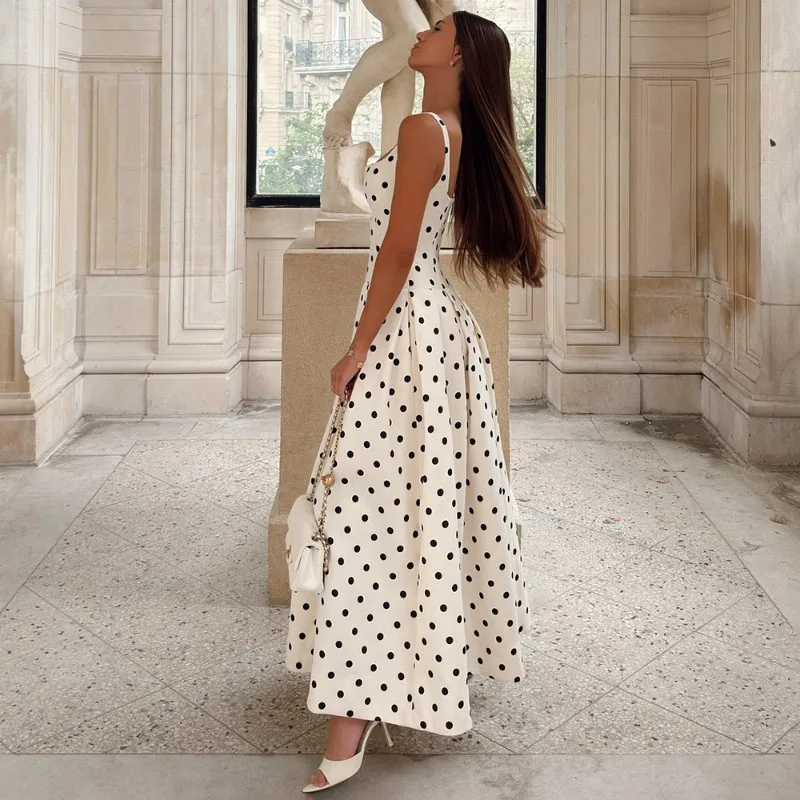 Talenza White Polka Dot Dress Women's Fashion Contrast Backless Elegant Dress Summer New High Waist Women's Party Evening Dress view 4